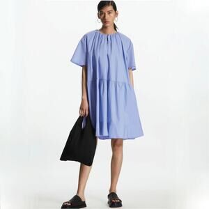 COS Oversized Tiered Mini Knee Length Dress - Skyblue - Blue Size 10
